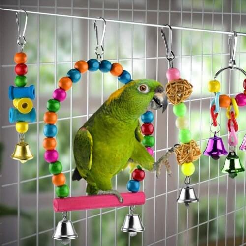Fashion 6Pcs Bird Parrot Wood Chewing Hanging Cotton Climbing Ladders Swing Stand Bell String Suspension Bridge With Bell Toys