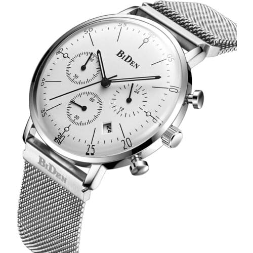 BIDEN Newest Men Watches 2019 Trendy Casual White Date Male Quartz Wristwatch Stainless Steel Chronograph Fashion Man Clock Gift