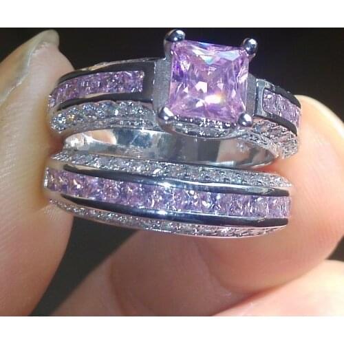 2 pcs/set Vintage Alloy Rings Set For Women Pink Blue White Crystal Jewelry Birthday Promise Anniversary Ring