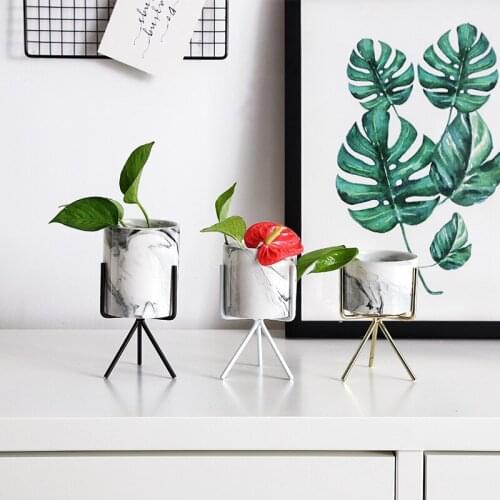 New marble vase flower pots with iron shelf display landscape shelf flower plant decoration pot creative flower pot planters