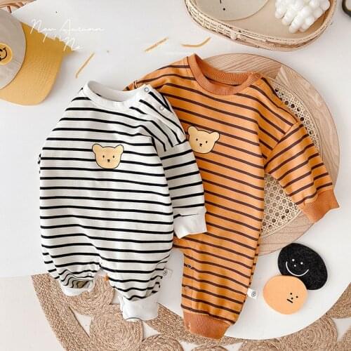 HAYANA 2021 Autumn New Baby Rompers Long Sleeve Cartoon Bear Striped Jumpsuit Clothes Outfit