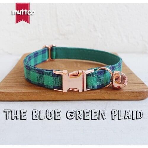 MUTTCO retail with rose gold high quality metal buckle collar for cat THE BLUE GREEN PLAID design cat collar 2 sizes UCC073M