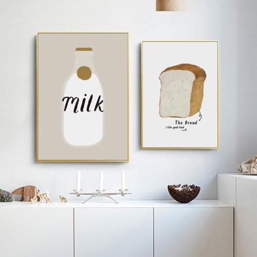 Poster Cartoon Breakfast Milk Bread Canvas Painting Wall Art Home Decoration for Living Room and Bedroom Frameless Style