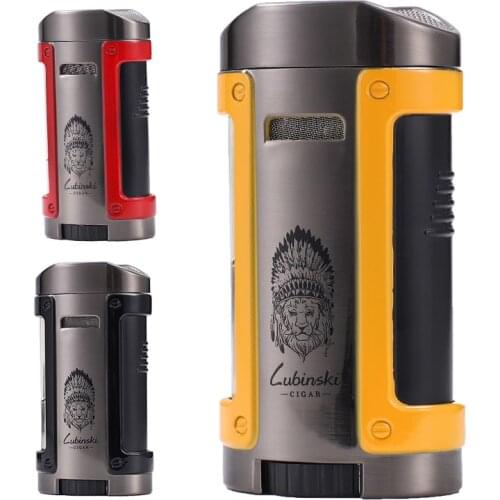 Lubinsky Luxury Metal Leather Outdoor Venture Windproof Cigar Lighter Four Nozzles Jet Turbo Lighter Inflatable Smoking Lighters