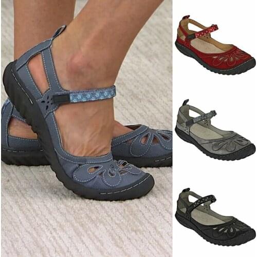 New Round Breathable Flat Sandals Womens Hollow up Wedge Summer Shoes Vintage Style