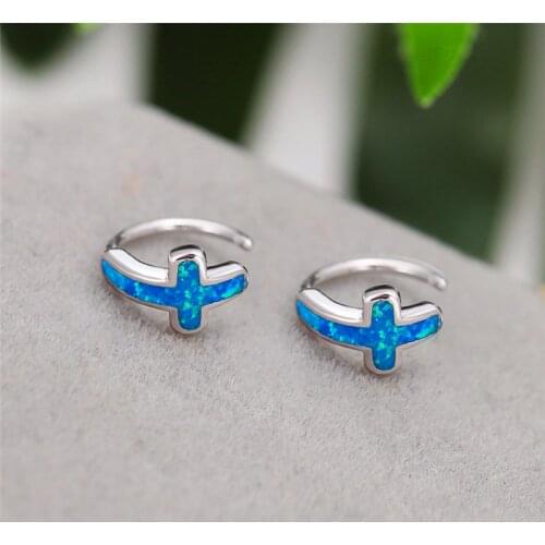 Elegant Cross Small Stud Earrings Simple Fashion White Blue Opal Stone Earrings Vintage Silver Color Wedding Earrings For Women