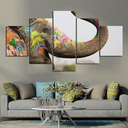 Canvas Wall Painting Modular 5 Panel India Style Watercolor Elephant Art Printed Animal Home Decor Frame Picture for Living Room