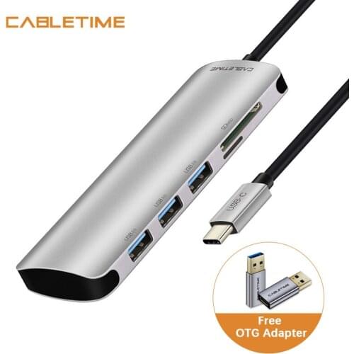 Cabletime USB Type C HUB to USB 3.0 SD & Micro SD Card Reader 5 in 1 USB-C Hub 3 USB Ports For Laptop PC MacBook Pro N175