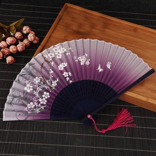 Vintage Chinese Spun Silk Flower Printing Hand Fan Folding Hollow Carved Hand Fan Event Party Cosplay Props