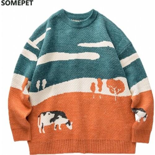 Vintage Cow Sweater Women Men Autumn Winter Cartoon Splice Pollover O-Neck Knitted Streetwear Hip Hop Harajuku Clothes