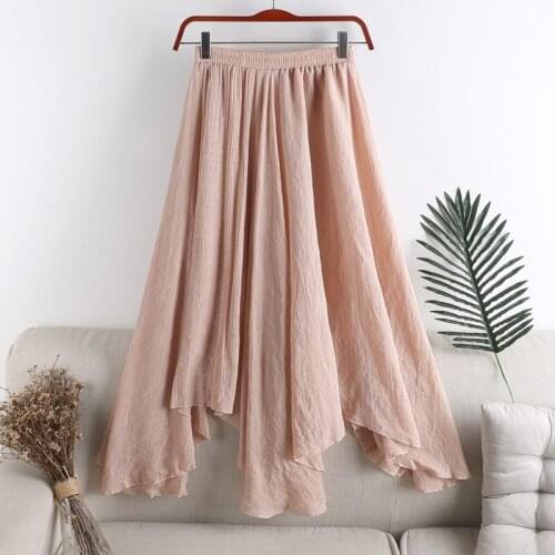 W156 New Spring Summer Linen Skirt Korean Style Solid Color Irregular Hem Loose Casual Mid-Length Skirts