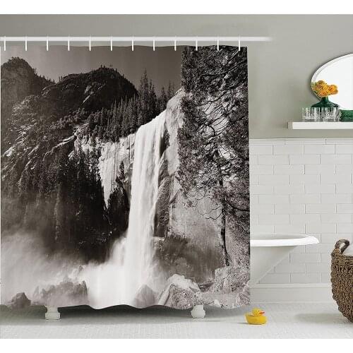 Apartment Shower Curtain Waterfalls in Yosemite National Park in California Monochromic Old Print Wall Decoration Curtains