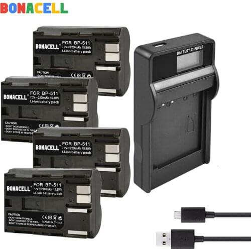 BONACELL 3.6V 2200mah BP-511A BP-511 BP 511 511A BP511 BP511A Battery + LCD Charger for Canon EOS 40D 300D 5D 20D 30D 50D camera