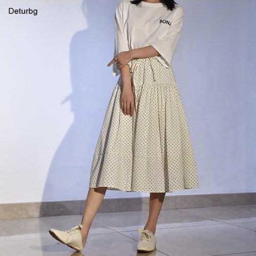 Womens Elegant Dot Print Midi Skirt Korean Female High Waist Cotton Lace-up White A-Line Skirts Faldas 2021 Summer Autumn Sk798