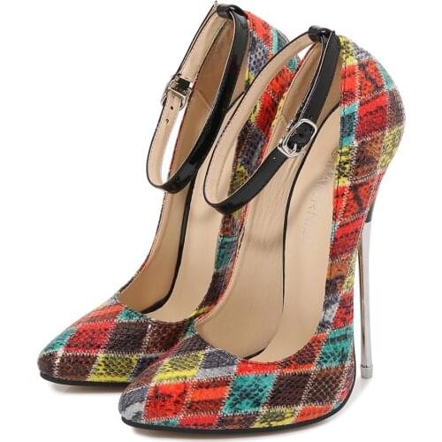 16cm High Heels Ladies Sandals Large-Size Woman Pumps Stiletto Heel Show Modeling Party Summer Ankle Strap Color Panel Extreme