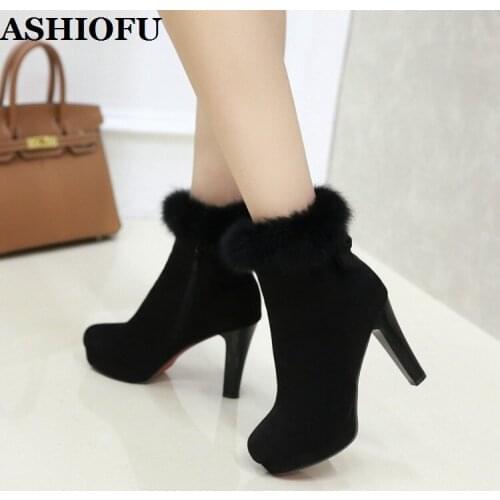 ASHIOFU Handmade New Ladies High Heels Boots Party Prom Platform Made-fur Winter Ankle Boots Evening Fashion Short Club Boots