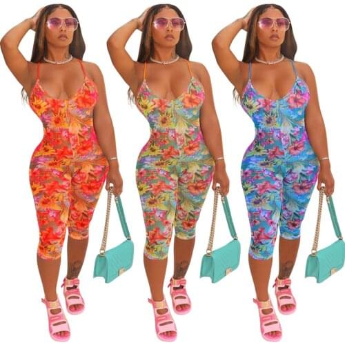 Echoine Summer Flower Printed Rompers Womens Jumpsuit 2021 Sexy Spaghetti Strap Backless Beach Outfit Holiday Vacation Playsuits
