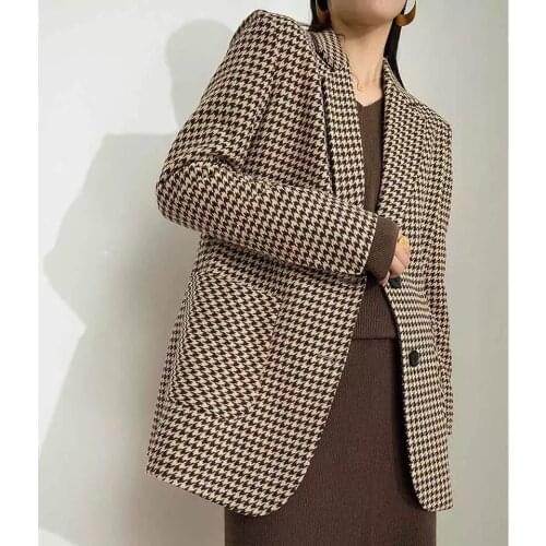 Womens Woollen Overcoat Winter Houndstooth Jacket Korean New Version Custom Made Houndstooth Woolen Coat Suit Thick Windbreaker