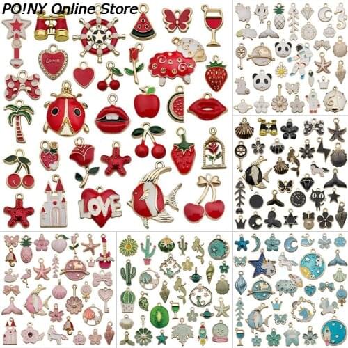 31PCS Enamel Animal Charms Random Mixed Cat Bird Unicorn Squirrel Gold Tone Alloy Pendent Jewelry Making Accessory