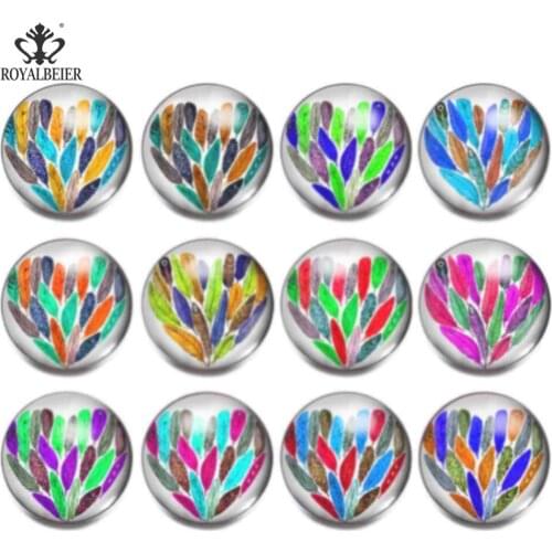 RoyalBeier Colorful Feather Series 18mm Snap Buttons 12pcs/Lot Convex Glass Snaps Fit DIY Bracelet for Friendship Charm Jewelry