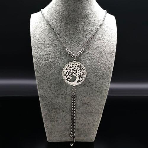 Tree of Life Stainless Steel Necklaces Women Crystal Jewerly Big Long Tassel Silver Color Necklaces Jewelry collar mujer N17S02