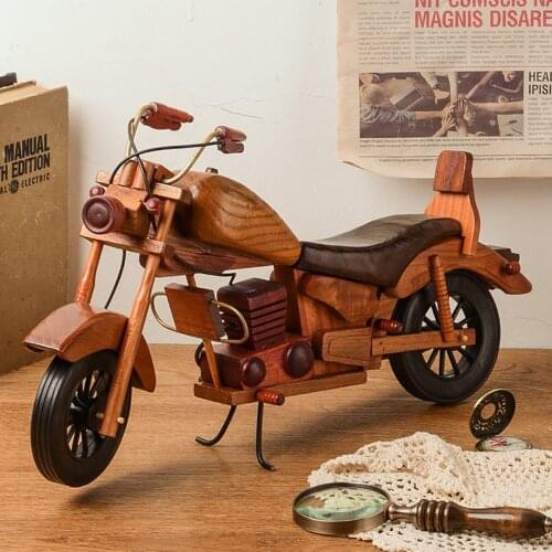Wooden Motorcycle Model Ornaments Retro Motor Figurine Decoration Wood Motorbike Handmade Gifts Kids Toy Home Office Decor Craft