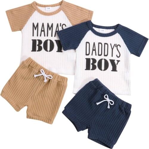 Toddler Baby Boys Clothes Set Letter Print Short Sleeve O-Neck T-Shirt + Solid Color Drawstring Shorts 2Pcs Set