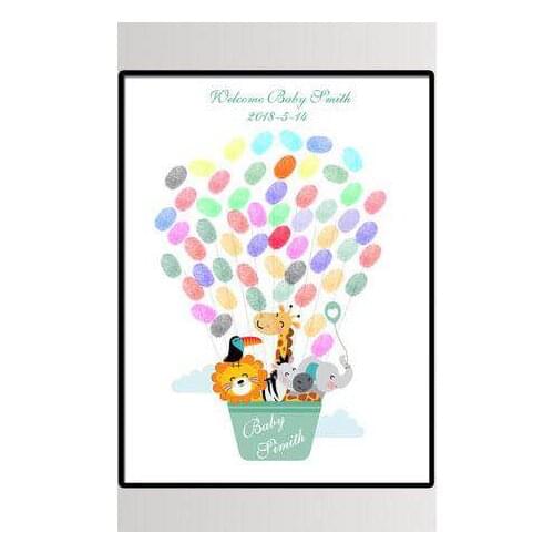 Infant baptism birthday party fingerprint DIY creative sign in tree animal character name and dates of painted custom decoration