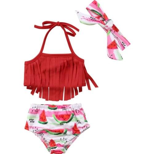 3pcs Swimwear Set Toddler Kids Baby Girl Watermelon Print Pants Swimsuits Long Tassel Tie T Shirt Tops + Headwear Clothes Set