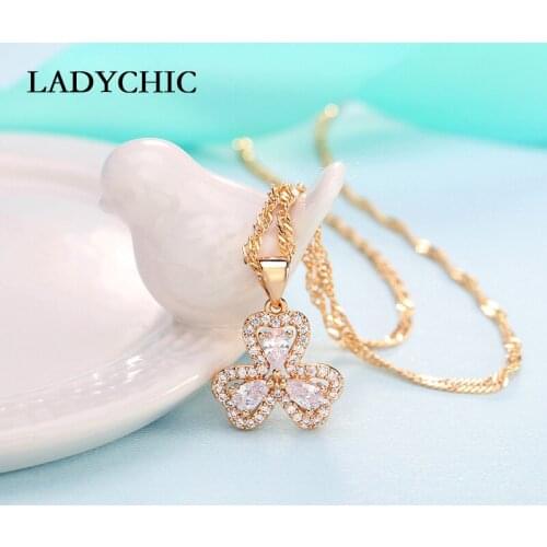 LADYCHIC High Quality Crystal Clover Pendant Romantic Three Leaves Flower Lucky Necklaces Women Jewelry Gift Wholesale LN1141