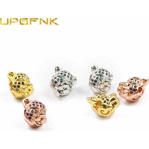 UPGFNK 2Pcs/lot Micro Pave Black Zircon Leopard head Copper beads Loose Spacer beads for Jewelry making bracelets DIY Findings
