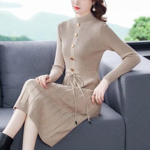 Pure Color Long-Sleeved Sweater Dress Womens Autumn Clothing 2020 New Temperament Mid-Length A-Line Dress Fashion Pleated k1332