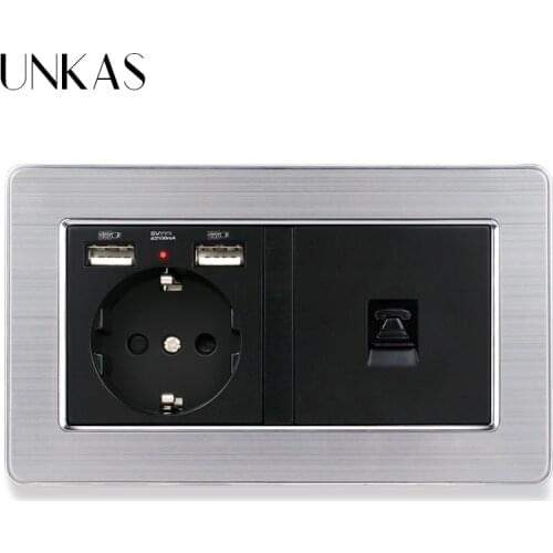 UNKAS Stainless Steel Panel EU Standard Socket with 2 USB Charge Port +1 Gang RJ11 2 Core Telephone Connector Electric Socket