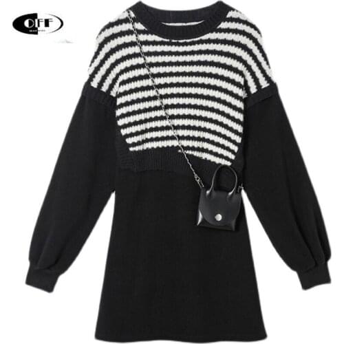 Japanese Casual Mini Dresses For Women Autumn Winter Knitted Stripe Patchwork Long Sleeve Gothic Traf Loose Dress Femme Vestidos