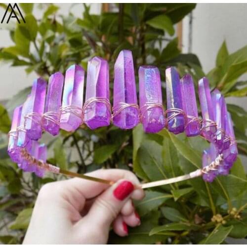 Gold Wire Wrapped Titanium Purple Red Quartz Point Crown Headband For Women Crystal Crown Tiara Headband Hair Jewelry HG085AMCI