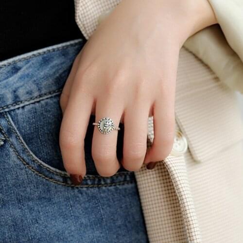 Retro Smiley Simple Antique Sunflower 925 Sterling Silver Resizable Rings For Women Korean Minimalist Jewelry Gift
