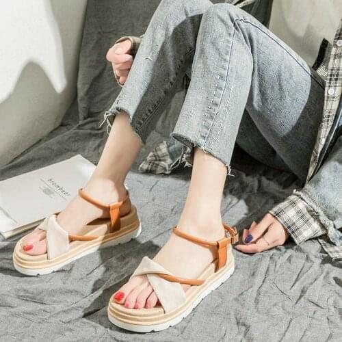 Womens Sandals Ankle Strap Color Matching Platform Buckle Flat Shoes Fashion Summer Roman Beach Shoes Womens Shoes