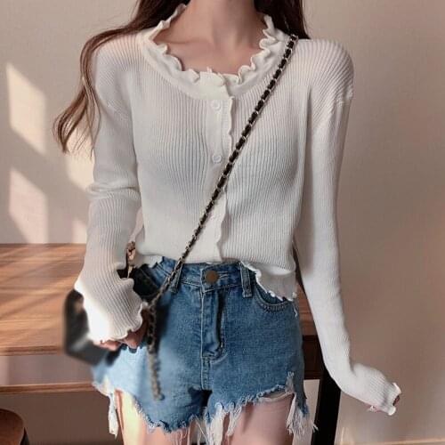 Knitted Short Cardigans Women Solid Cute Ruffled Single Breasted Vintage Thin Sweater Korean Clothing