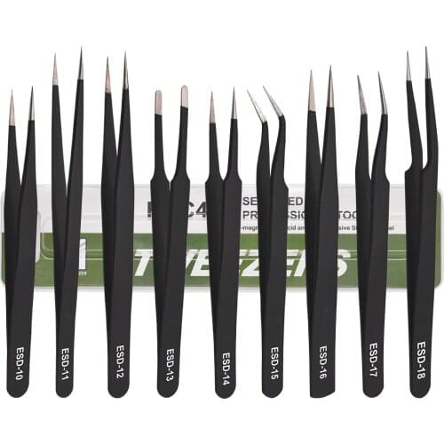 Green Package Tweezers Metal ESD- 10 11 12 13 14 15 16 17 18 Black Tweezers Forceps Nipper DIY Repair Tool Hot Sale
