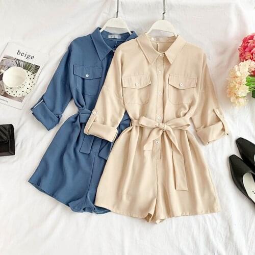 Womens summer short sleeve chiffon Playsuits Ladys turn down collar Wide leg shorts beach vacation Jumpsuits TB1053
