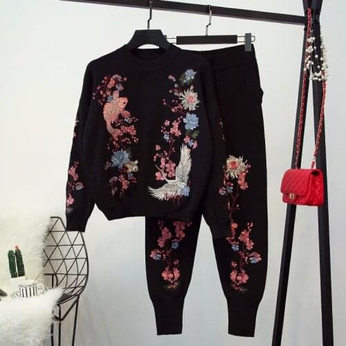 Amolapha Women Embroidery Flowers Pattern Knitted Pullover Sweaters+ Trousers 2 Pieces Clothing Sets Suit