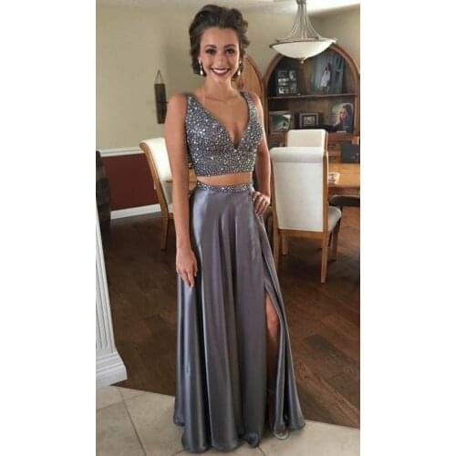 Women Long V-Neck Beaded Mermaid Satin Prom Dresses with Slit Robe De Soiree Zipper Back Dark Grey Formal Party Dresses