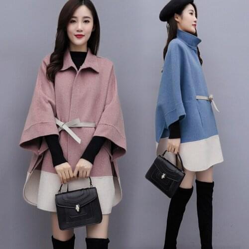 Plus size Women Cloak Color-block Wool coat Autumn Jacket coats New Korean Womens Winter Casual Woolen coats Long Overcoat 3XL