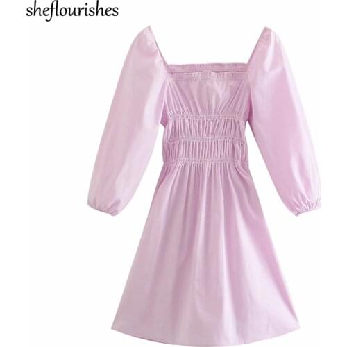 Vintage dress women puff sleeve mini dresses square neck A line dress Korean style slim dresses party solid vestidos 2021