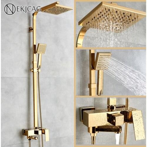 Quality Golden Bathroom Shower Faucet 8" Square Rainfall Shower Column Wall Mount Bath Set Single Handle With Handshower