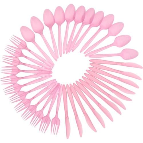 36 Pink Disposable Plastic Strong Spoons Knives Fork Cutlery Set