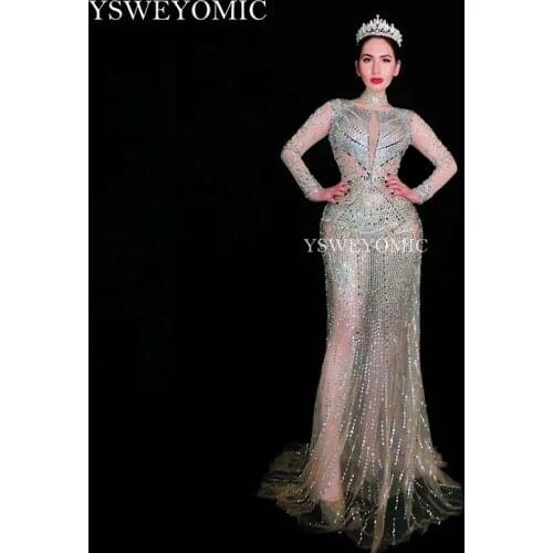 YSWEYOMIC High quality Sparkly Rhinestones White Fringes Mesh Dress Birthday Celebrate Transparent Net Dress Costume Dance Dress