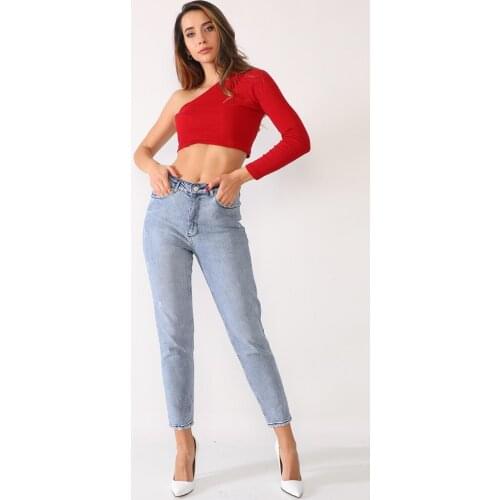 Women, Mom Jeans, High Waist, Lycra, Stretchy, Solid Color, Stone Wash, Full Length, Cotton Denim Pants, 2021 Spring Summer