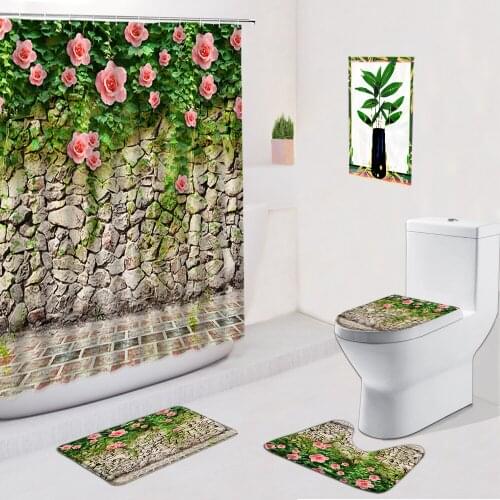 Brick Stone Wall Shower Curtain Green Leaf Flower Bathroom Decor Non Slip Flannel Carpets Bath Mat Door Pad Toilet Cover Set