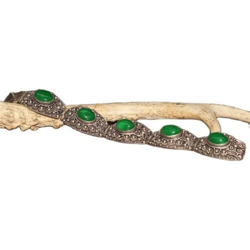 Chinese Old Craft Made Green Jade Inlaid Old Tibetan Silver Chain Bracelet